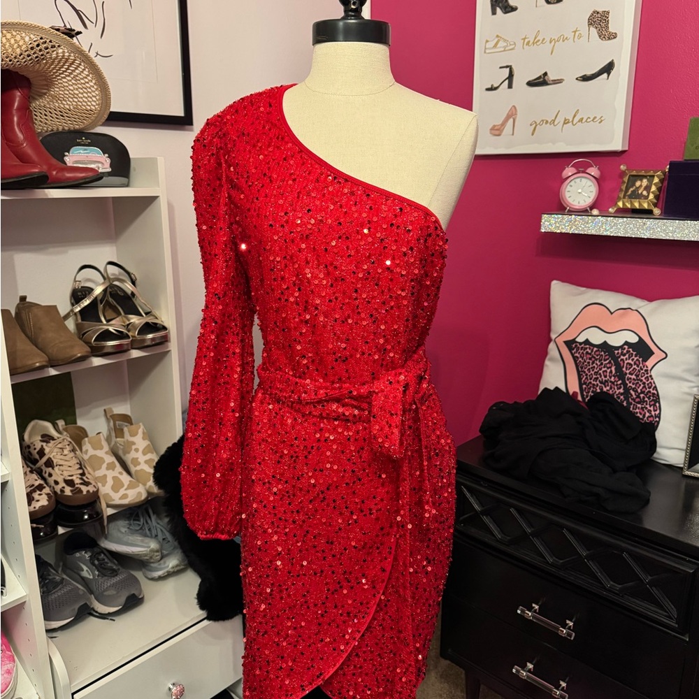 Sequin Red One-Shoulder Dress